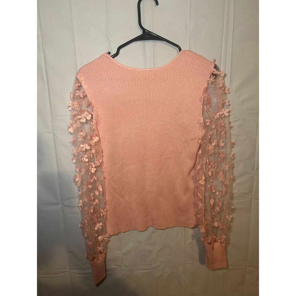 No Boundaries Pink Coquette 3D Floral Mesh Sleeve Ribbed Top Size L - Picture 2 of 5
